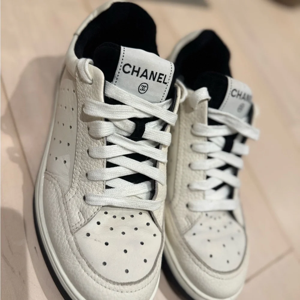 CHANEL White and Black Leather Sneakers - Picture 1 of 5